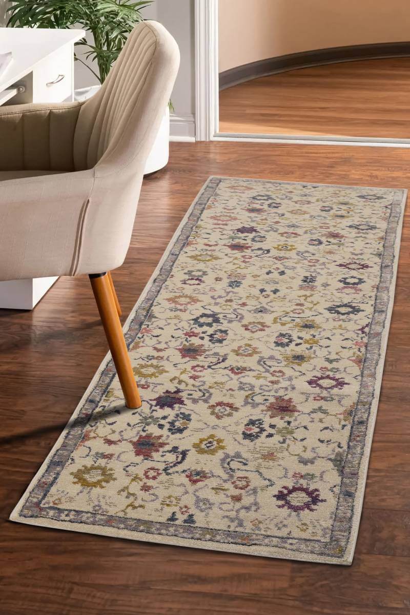 Traditional Floral Vintage Rug – Grey, Blue & Beige Elegance