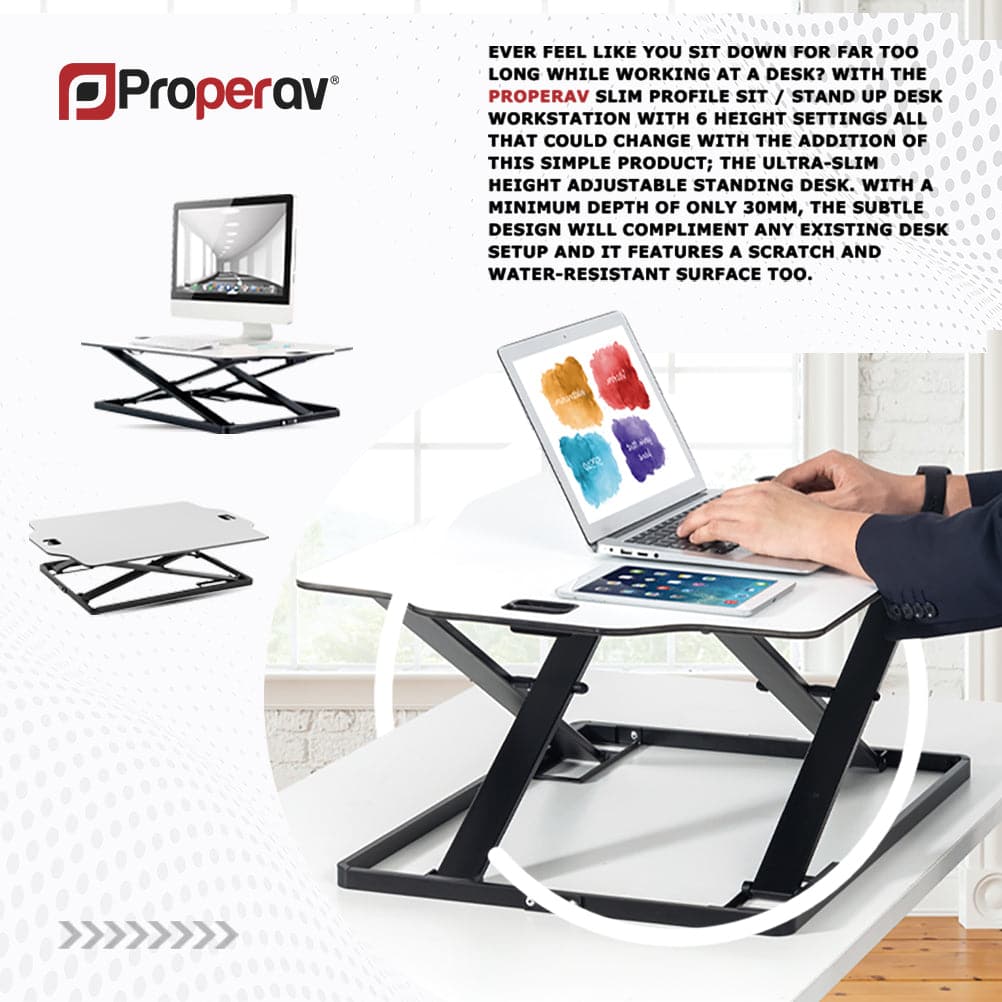 ProperAV Stand Up Desk Converter with Gas Spring Lift & Variable Height Settings - White