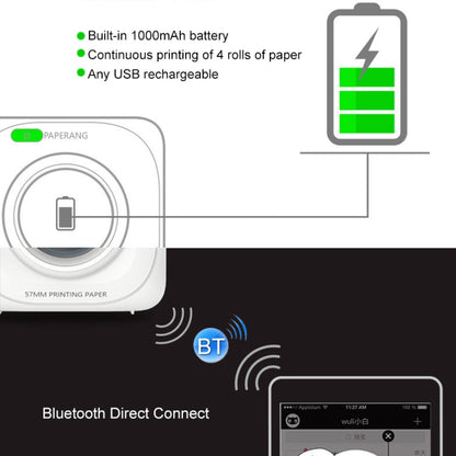 PAPERANG P1 Portable ABS Bluetooth 4.0 Printer Thermal Photo Phone Wireless Connection Printer, P1 White