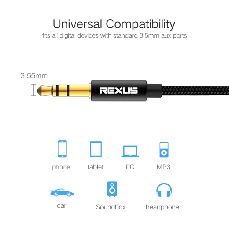 REXLIS 3629 3.5mm Male to Male Car Stereo Gold-plated Jack AUX Audio Cable for 3.5mm AUX Standard Digital Devices, Length: 1m, Length: 1m
