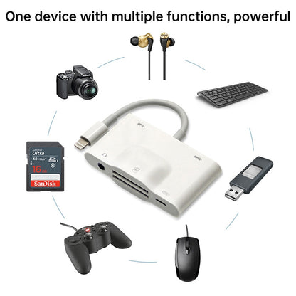 NK-1042 6 in 1 8 Pin Male to Dual USB + Dual SD Card + 3.5mm Audio Interface + 8 Pin Charging Interface Female Port Camera Adapter