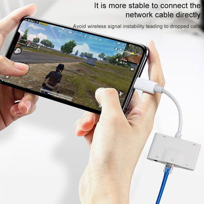 NK-1033 5 in 1 8 Pin Male to Dual USB + 3.5mm AUX + Ethernet + 8 Pin Power Female Adapter, NK-1033
