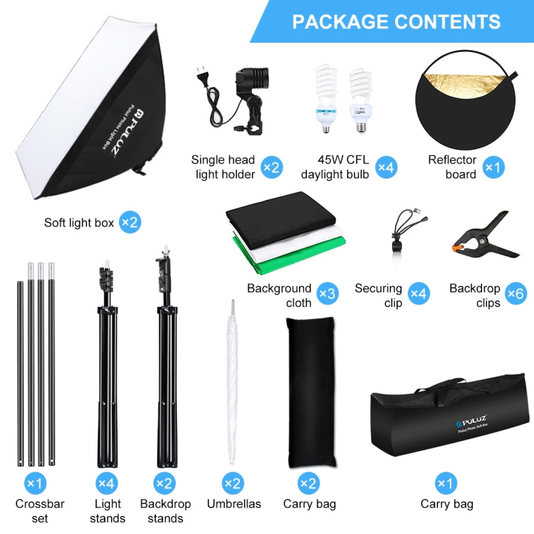 PULUZ LED Light Studio Softbox Photography Kit with 220V Bulb & Background & Reflective & Tripod Mount & Sandbags, Photography Light  Kit, EU Plug, Photography Light  Kit, US Plug