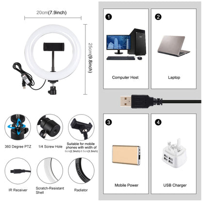 PULUZ 7.9 inch 20cm USB RGB Dimmable LED Dual Color Temperature LED Curved Light Ring Vlogging Selfie Photography Video Lights with Phone Clamp, 7.9 inch RGBW