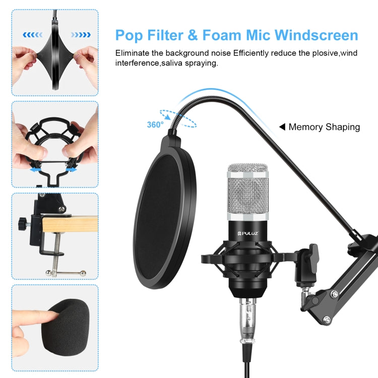 PULUZ Studio Broadcast Professional Singing Microphone Kits with Suspension Scissor Arm & Metal Shock Mount & USB Sound Card, Microphone Kits (Black), Microphone Kits (Silver)