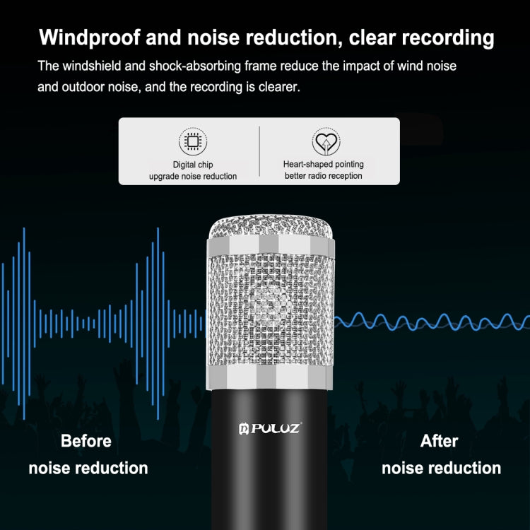 PULUZ Studio Broadcast Professional Singing Microphone Kits with Suspension Scissor Arm & Metal Shock Mount & USB Sound Card, Microphone Kits (Black), Microphone Kits (Silver)