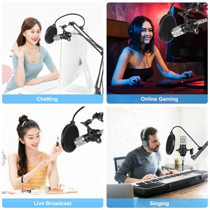 PULUZ Studio Broadcast Professional Singing Microphone Kits with Suspension Scissor Arm & Metal Shock Mount & USB Sound Card, Microphone Kits (Black), Microphone Kits (Silver)