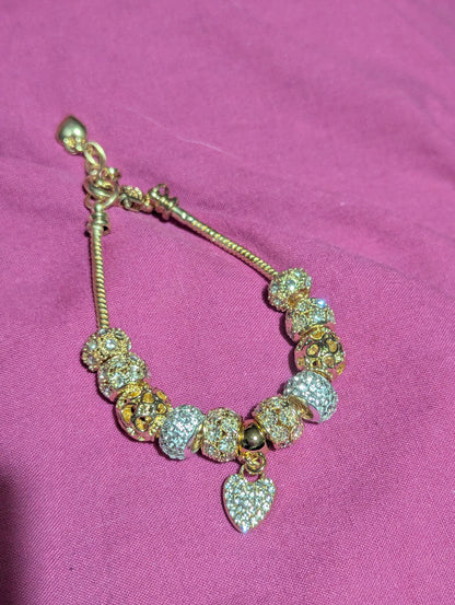 Sparkly Gold-Tone European Charm Bracelet with Pavé Crystal Beads & Heart Dangle Charm