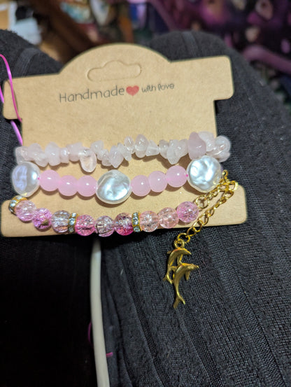 Handmade Pink Beaded Bracelet Stack with Gold-Coloured Charm