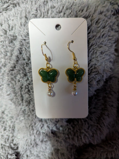 Green Butterfly Pearl Drop Earrings