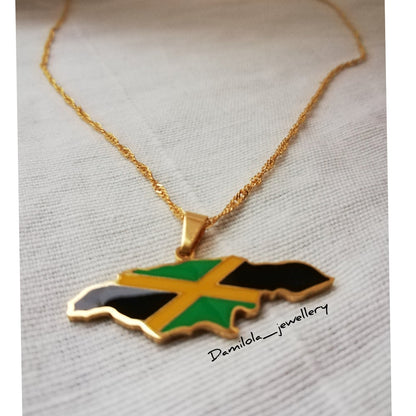 Jamaica Flag Map Necklace - Gold/Silver - Out Of Many One People'