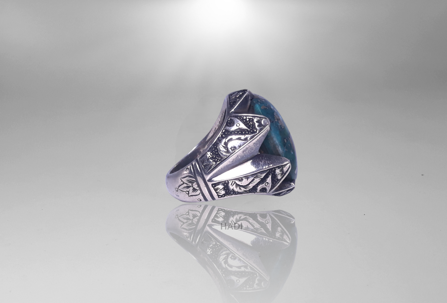Men Signet Ring -  14k White-Gold Plated Natural Blue Green Pyrite Turquoise aka Feroze Engraved  Sterling Silver Ring