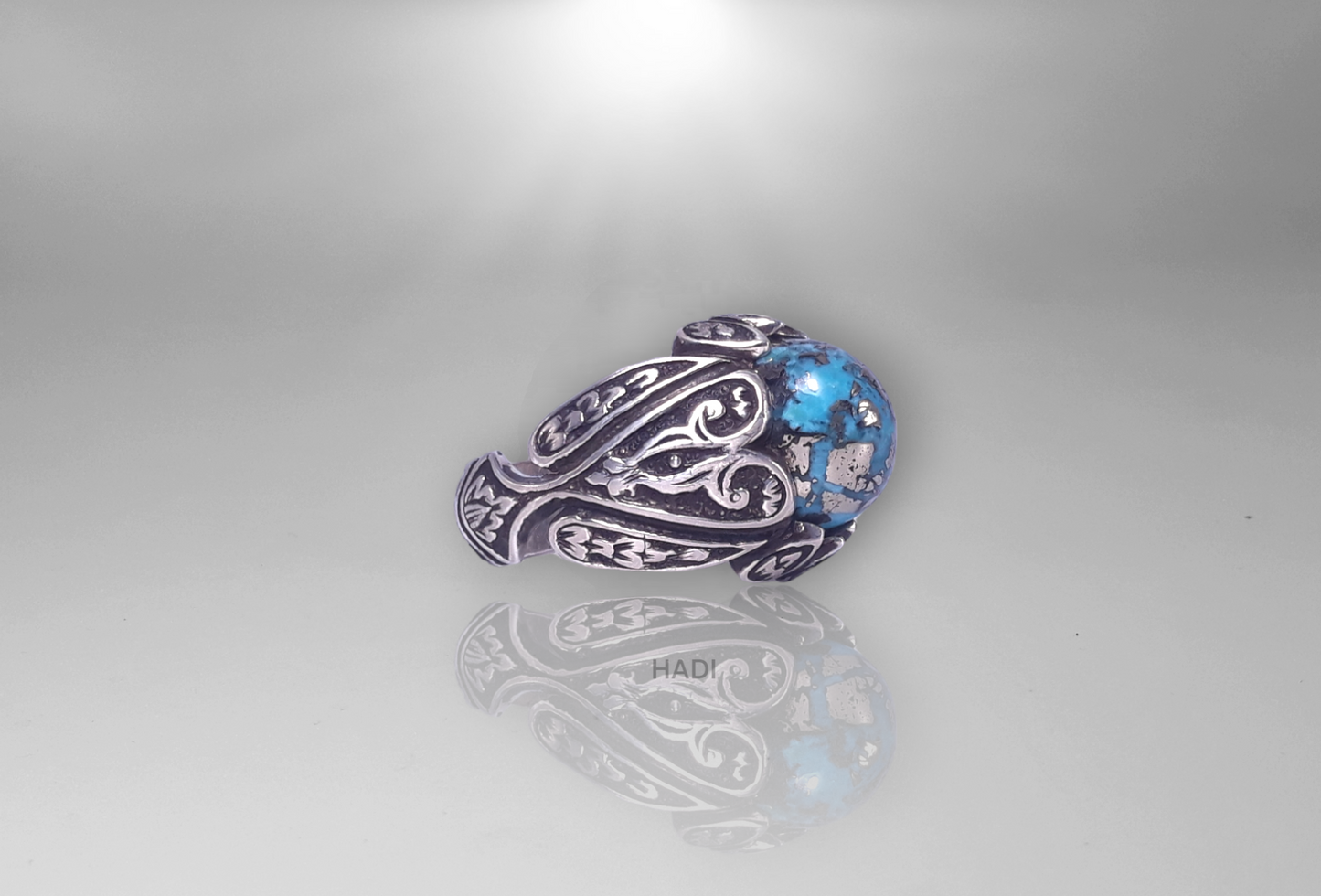 Men Signet Ring -  14k White-Gold Plated Natural Morenci Pyrite Turquoise aka Feroze Engraved  Sterling Silver Ring