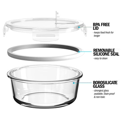 Round Glass Containers with Steam Vent Lid - 950ml - 5 PACK + 1 extra lid