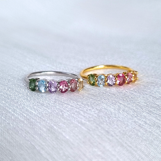 Rainbow Multicoloured Gemstone Half Eternity Ring in Sterling Silver