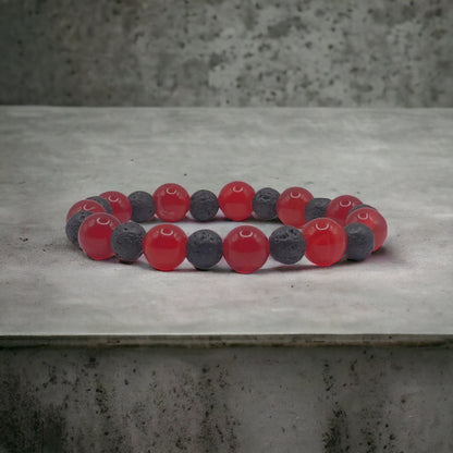 10mm Red Agate and Lava Beads Stretch Bracelet