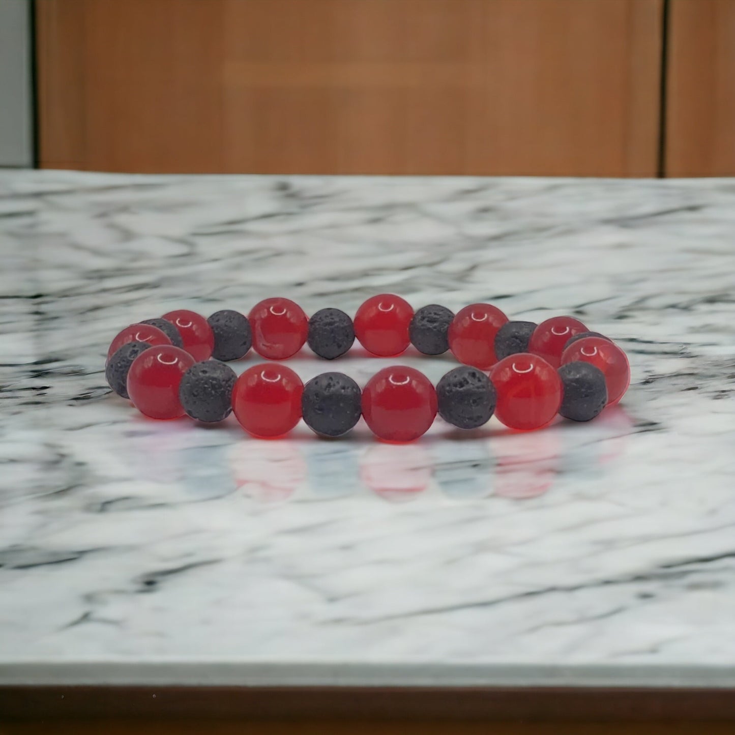 10mm Red Agate and Lava Beads Stretch Bracelet