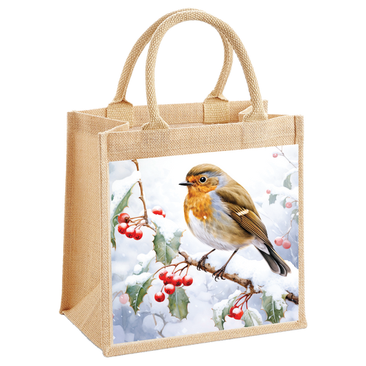 Robin in the Snow on a Branch Jute Shopping Bag