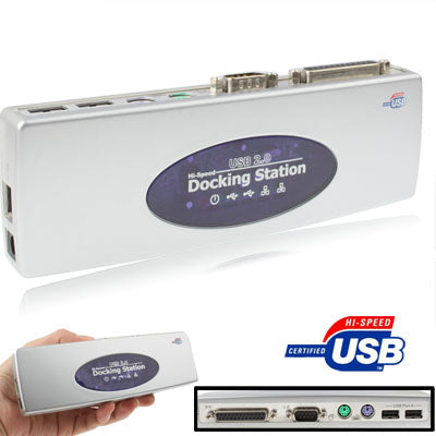 Hi-speed USB 2.0 Docking Station with 8 Ports (2xUSB 2.0 + PS2 Mouse + PS2 Keyboard + RS232 + DB25 + LAN + Upstream),Black, Docking Station (Silver), Docking Station (Black)