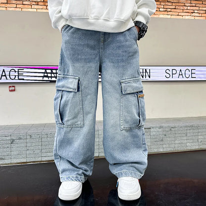 Boys Cargo Denim Jeans, Loose Fit Fashion Trousers