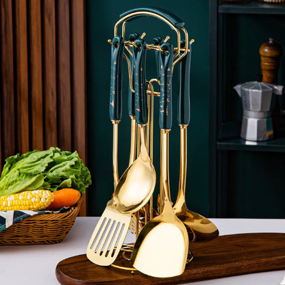 7-Piece Stainless Steel Spatula & Spoon Set with Heat-Resistant Ceramic Handles