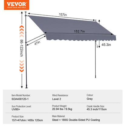 VEVOR Patio Awning Retractable Awning Sunshade Shelter with Manual Crank Handle Outdoor Canopy Sunsetter Deck for Balcony Yard