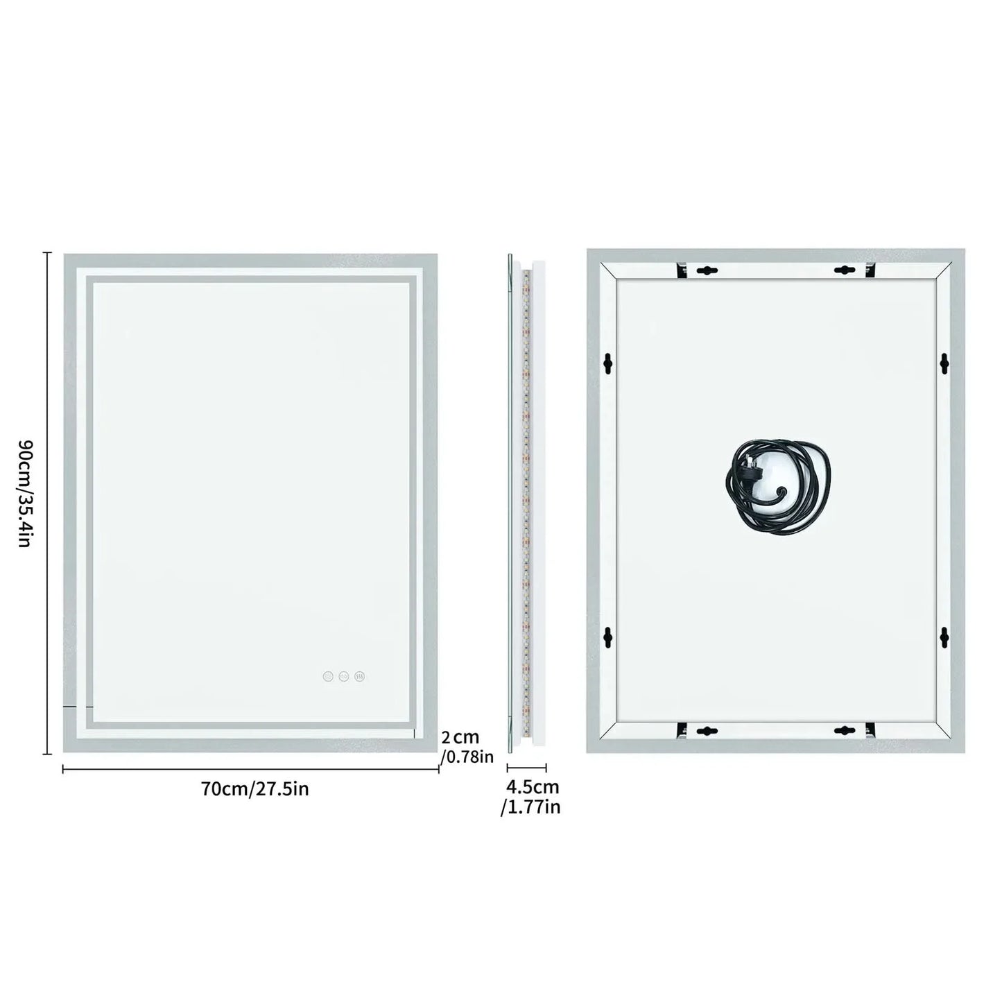 LED Light Bathroom Mirror Illuminated Wall Mounted Vanity Makeup Anti-Fog Rectangle 3 Colors Touch Light
