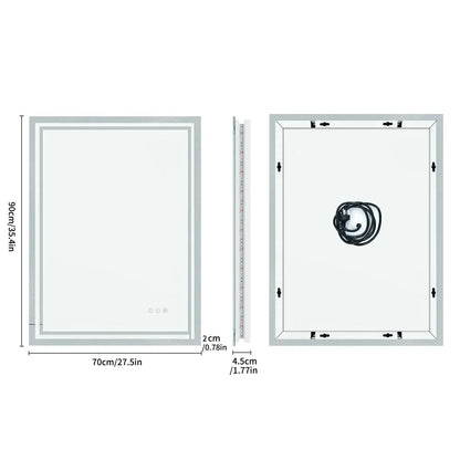 LED Light Bathroom Mirror Illuminated Wall Mounted Vanity Makeup Anti-Fog Rectangle 3 Colors Touch Light