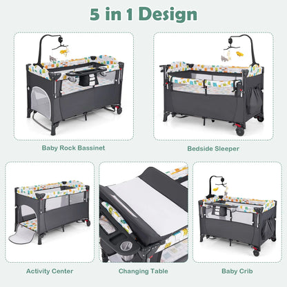 DORTALA 5-in-1 Baby Bassinet Bedside Sleeper Portable Pack and Play-Grey