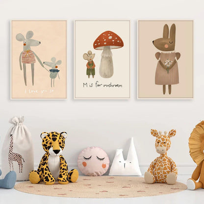 Boho Cartoon Animal Wall Art – Rabbit, Mouse & Goose Nursery Prints, Nordic Canvas Posters for Kids Room Décor