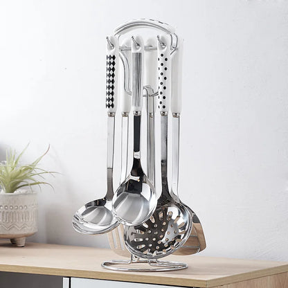 7-Piece Stainless Steel Spatula & Spoon Set with Heat-Resistant Ceramic Handles