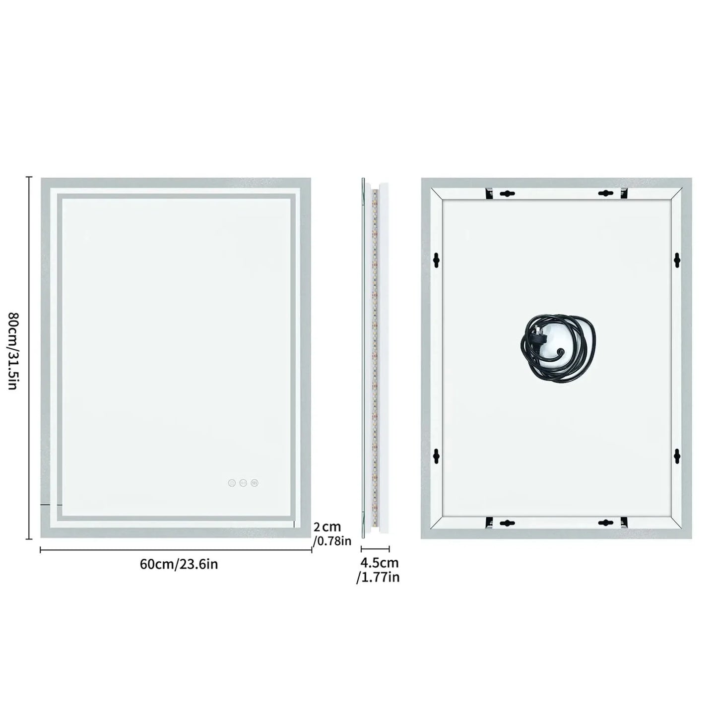 LED Light Bathroom Mirror Illuminated Wall Mounted Vanity Makeup Anti-Fog Rectangle 3 Colors Touch Light