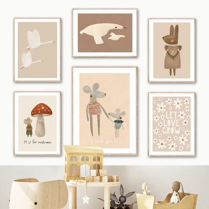 Boho Cartoon Animal Wall Art – Rabbit, Mouse & Goose Nursery Prints, Nordic Canvas Posters for Kids Room Décor