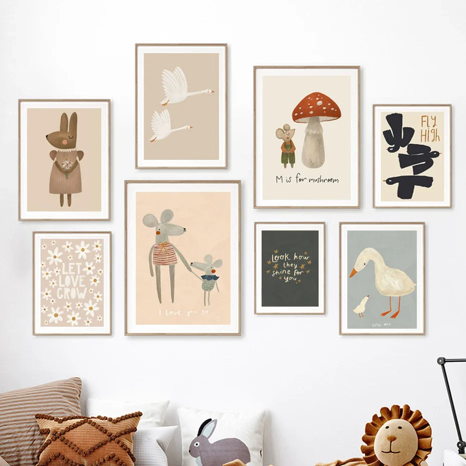 Boho Cartoon Animal Wall Art – Rabbit, Mouse & Goose Nursery Prints, Nordic Canvas Posters for Kids Room Décor