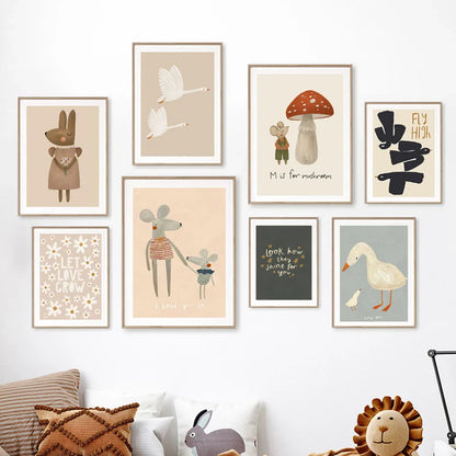 Boho Cartoon Animal Wall Art – Rabbit, Mouse & Goose Nursery Prints, Nordic Canvas Posters for Kids Room Décor