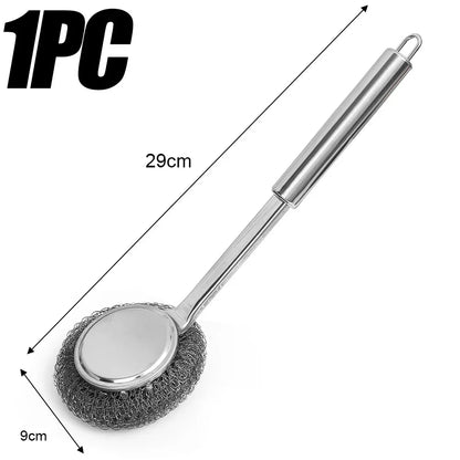 Stainless Steel Wire Brush with Long Handles Kitchen Replacement Steel Wool Wire Ball Dishwashing Brush Sink Countertop Cleaning
