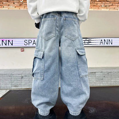 Boys Cargo Denim Jeans, Loose Fit Fashion Trousers