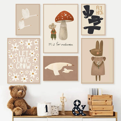 Boho Cartoon Animal Wall Art – Rabbit, Mouse & Goose Nursery Prints, Nordic Canvas Posters for Kids Room Décor