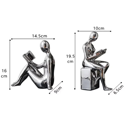 Modern Ceramic Reading Couple Bookends – Gold or Silver Abstract Sculptures (Set of 2)