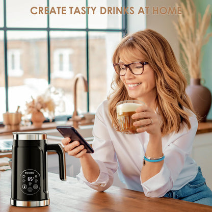 BioloMix Upgraded 5-in-1 LED Touch Screen Milk Frother for Lattes & Coffee, Hot And Cold Foam Maker
