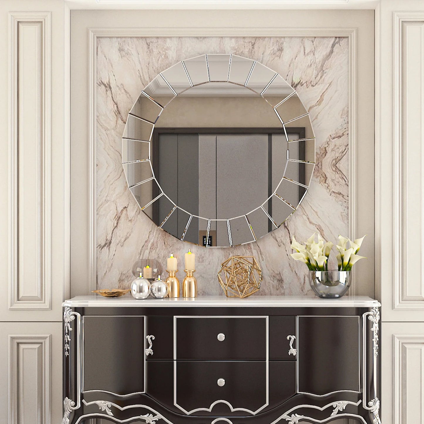 Round Silver Wall-mounted Mirrors for Hallway Living Room, Large Mirrors, Venetian Ornate Art Decor, 80cm