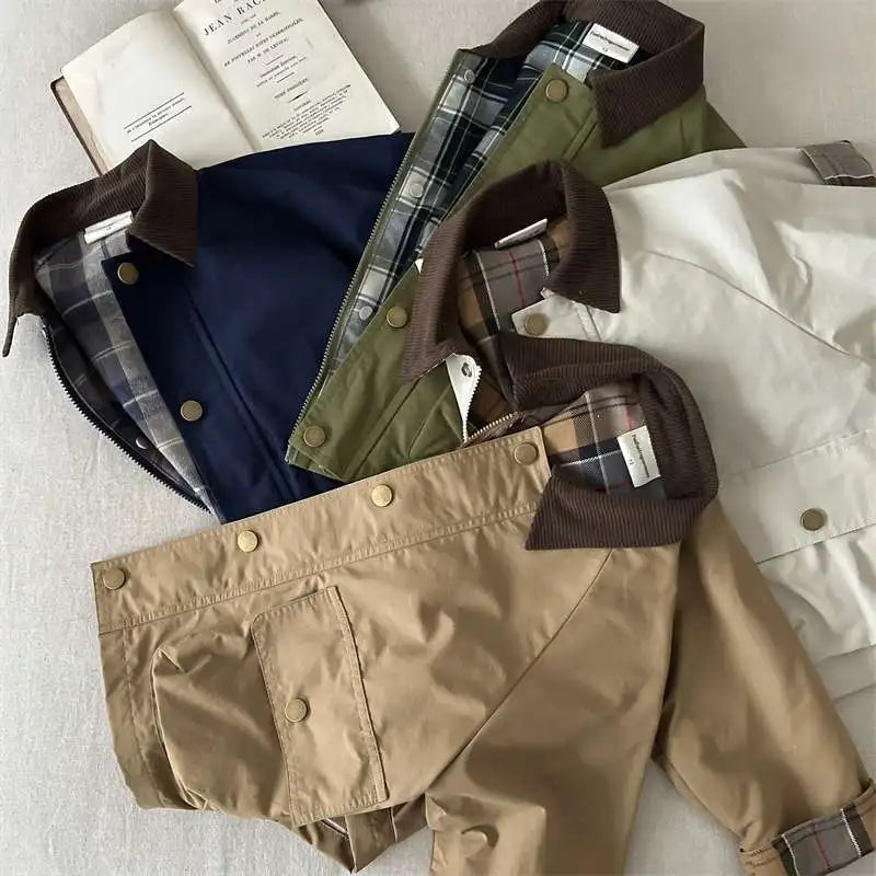Boys Plaid Lined Jacket, Spring Autumn Cotton Coat