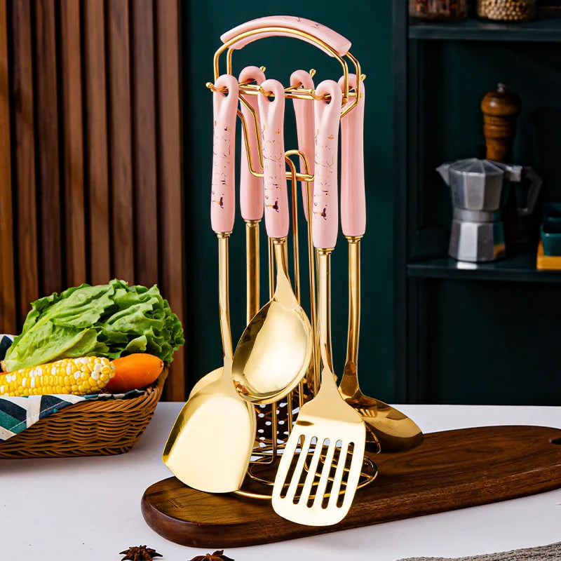 7-Piece Stainless Steel Spatula & Spoon Set with Heat-Resistant Ceramic Handles