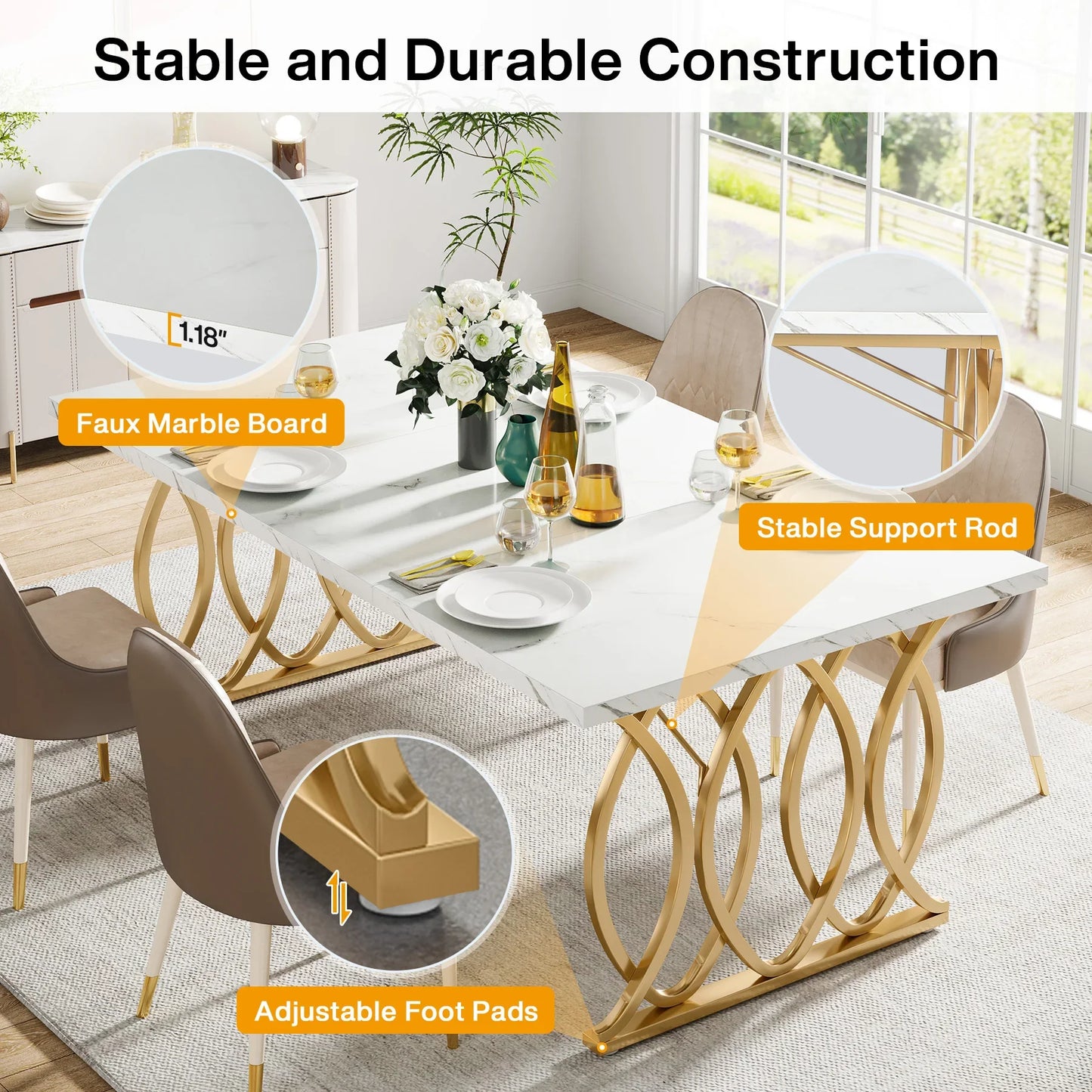 Tribesigns 63-Inch Rectangular Dining Table for 4 to 6, Modern Kitchen Table with Faux Marble Table Top, White Dinner Tables