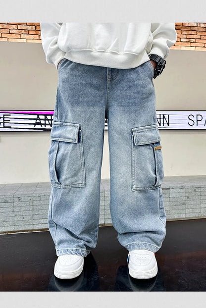 Boys Cargo Denim Jeans, Loose Fit Fashion Trousers