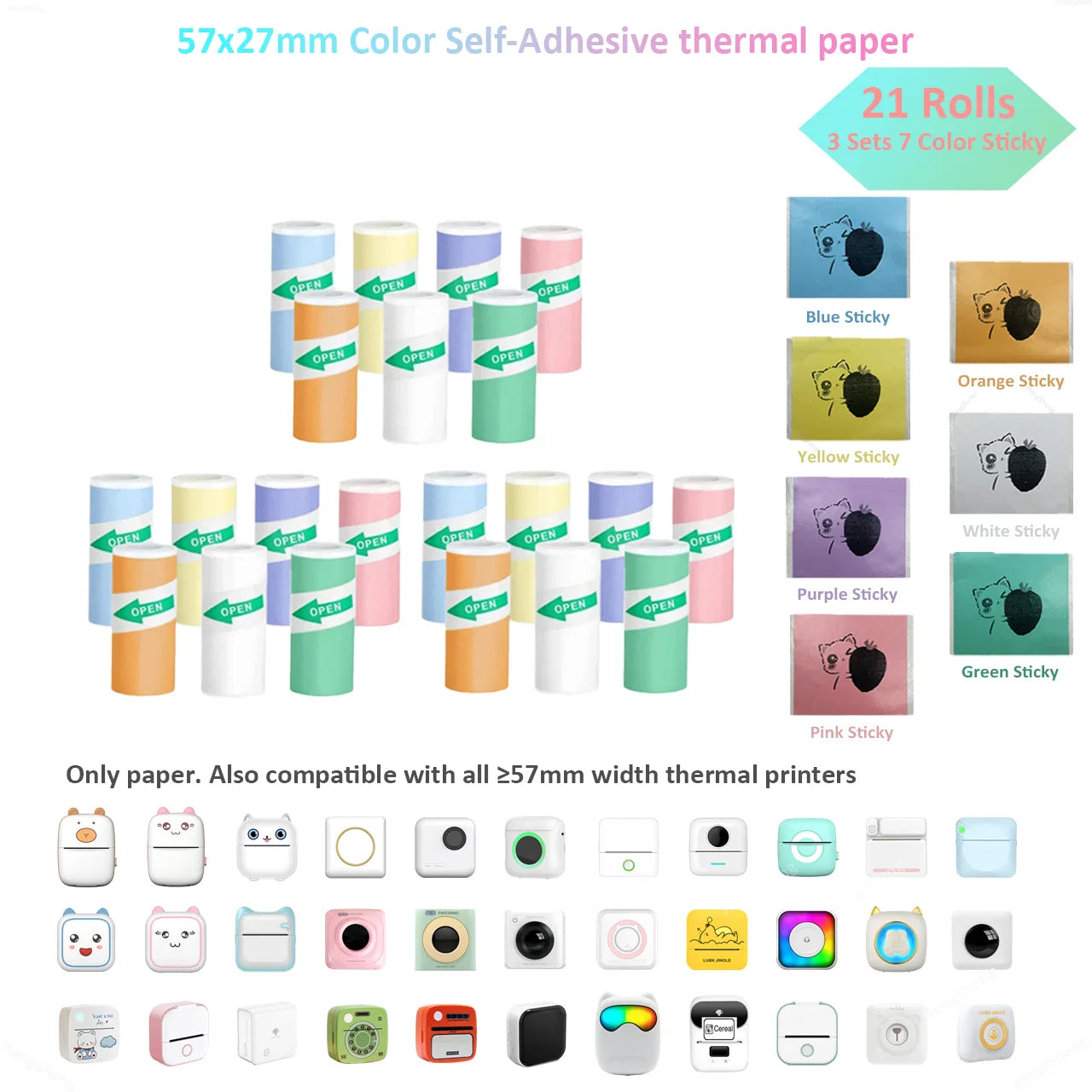 Mini Printer Color Sticker Thermal Paper Label Paper Sticker Photo Papers For PeriPage PAPERANG Poooli 57mm width Photo Printer