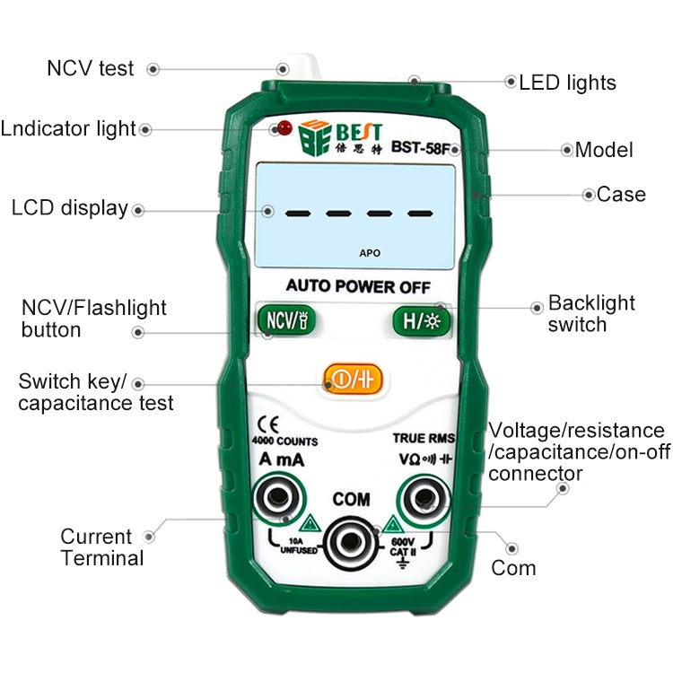 BEST BST-58F Full Automatic Range Multimeter Without Shift Intelligent Identification Digital Multimeter Household Mini Electrical Instrument