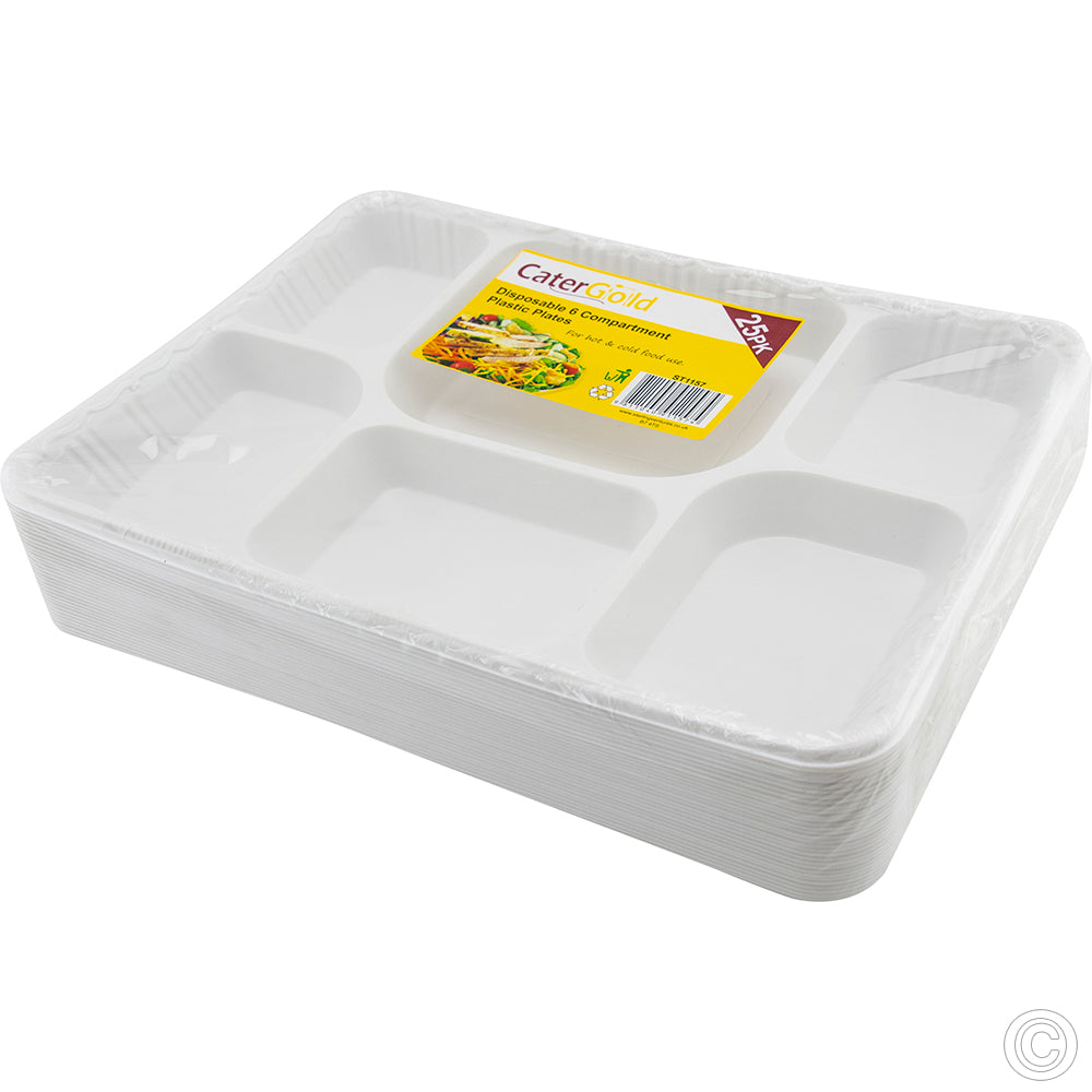 Premium 6Compartment Plastic Food Trays Pack of 25