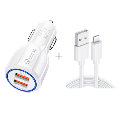 Qc3.0 Dual USB Car Charger + 8 Pin Fast Charging Line Car Charging Kit, 8 Pin (Black), 8 Pin (White)