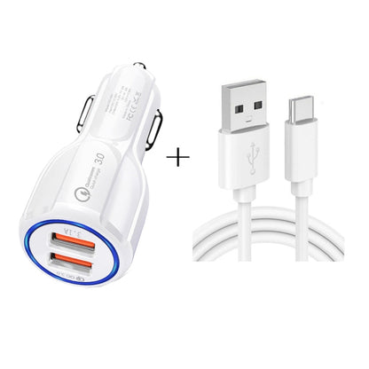 Qc3.0 Dual USB Car Charging + Type-C Fast Charging Cable Car Charging Kit, Type-C (Black), Type-C (White)